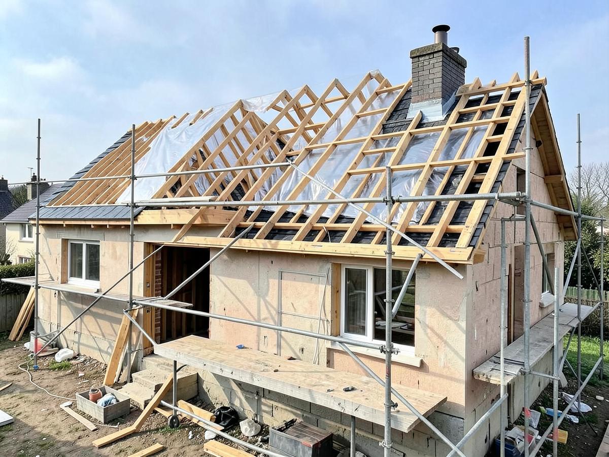 Chantier de réfection de toiture avec charpente et échafaudage à Lagny-sur-Marne